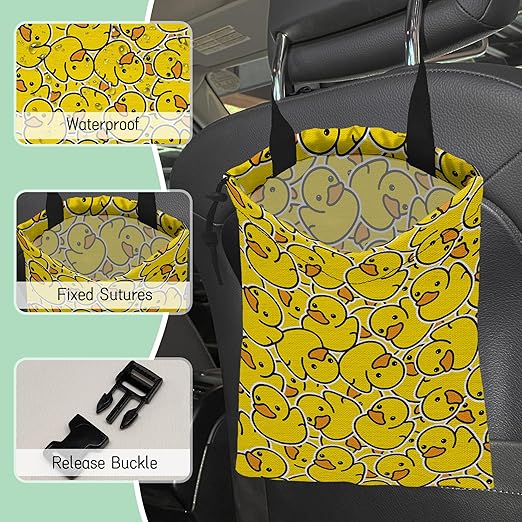 Yellow Duck Car Garbage Bag,Rubber Duck Waterproof Small Car Trash Bag Hanging Back of Seat,Drawstring Hanging Car Trash Bag with Adjustable Buckle for Car Accessories