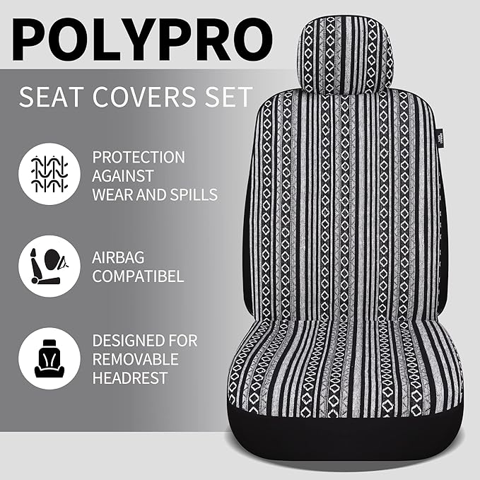 HAIYAOTIMES Baja Saddle Blanket Car Seat Covers Front Set with Seat Belt Pads, Washable Breathable Seat Covers for Cars, Universal Fit Interior Covers for Most Cars, Airbag Compatible, Black/White