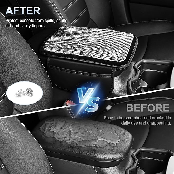 Crystal-Accented ArmRest Cover for Car for Impala Malibu Volt Sonic Trailblazer Equinox Trax Blazer Colorado Bolt Sparkle Console Protector Side Storeage,Anti-Scratch Auto Armrest Pad（Black