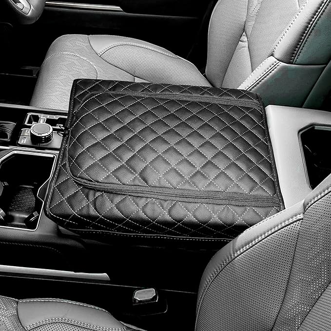 SENSHINE Center Console Armrest Cover for Toyota Tundra 2022-2026/Sequoia 2023-2026 Armrest Seat Stroage Box Cushion Lid Protector Pad with Zipper Leather Interior Accessories, Gray Stitch
