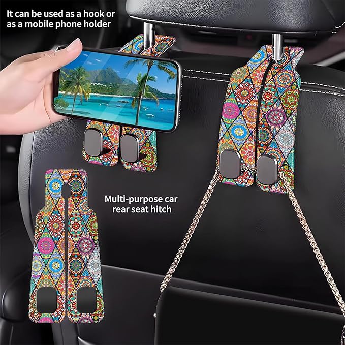 Purse Hook for Car Vintage Boho Mandala Flowers 1 Pack Headrest Back Seat Hook Premium Leather Double Metal Hanger Storage Pack Bag Purse Holder Car Accessories