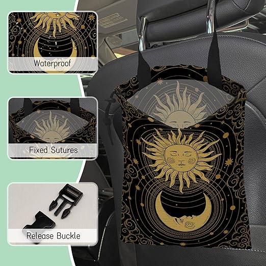 NHNXHWIA Mystical Sun Car Trash Bag,Golden Crescent Moon Hanging Drawstring Car Garbage Bag,Waterproof Canvas Car Back Seat Organizer with Adjustable Buckle,for Vehicles,SUVs,Camping,Road Trips