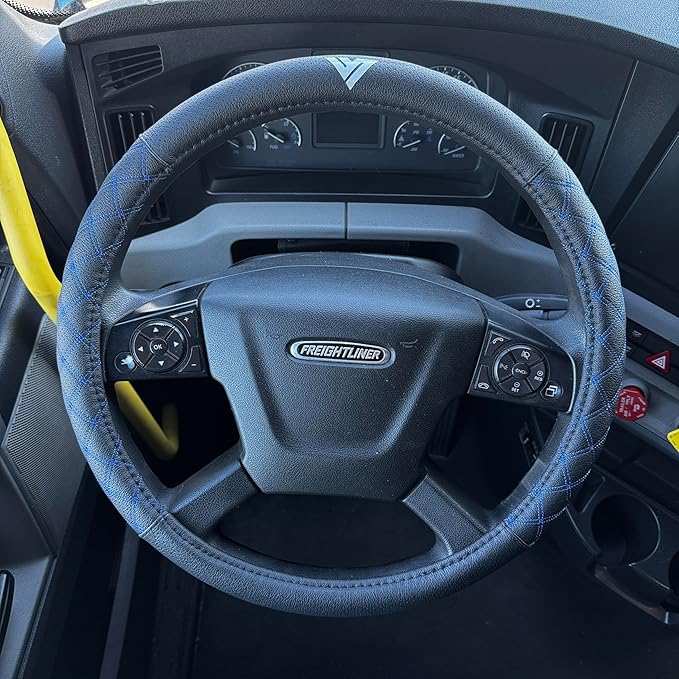 Genuine Leather Steering Wheel Cover for Semi Truck – 18" X-Large, Diamond Stitching, Anti-Slip Grip, Fits 18 Inch Wheels for Big Rig, RV & 18 Wheeler Trucks (Black/Blue)