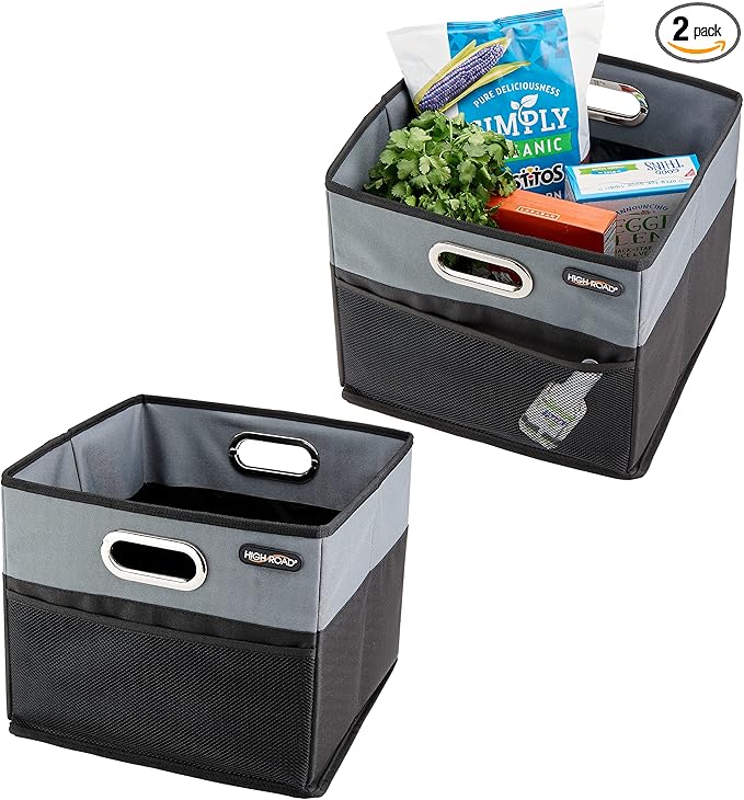 High Road CargoCube Car Storage Bin - Leakproof Car Trunk Storage Organizer with Metal Handles and Front Mesh Pocket, 12x12 Inches - 2 pack