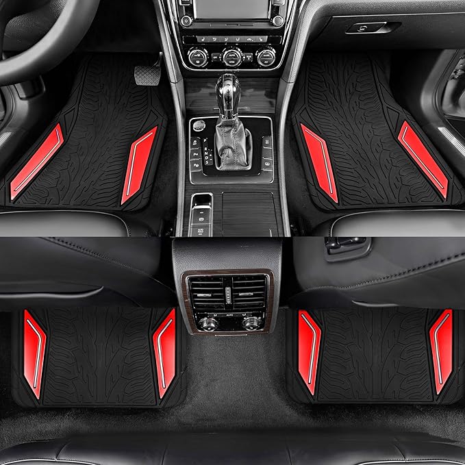 PIC AUTO Rubber Floor Mats, Red Aluminum Film with Colorful Piping Floor Mats for Cars, Car Mats with Non-Slip Backing, All-Weather Protection, Trim-to-Fit Liner for Cars, SUVs, Trucks, Vehicles