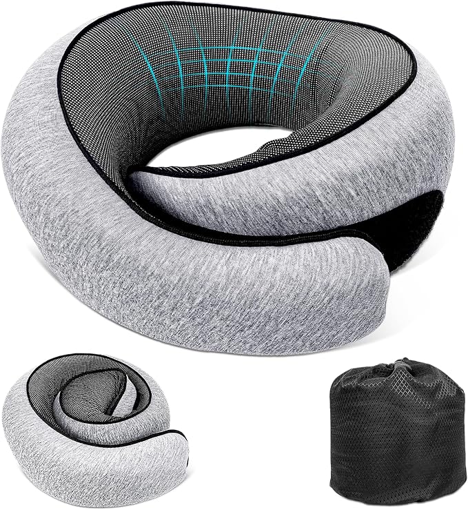 GongPath Travel Neck Pillow for Airplanes, 100% Memory Foam Neck Pillow for Sleeping, 360° Neck Support Pillow, Compact and Ergonomic Design for Travel, Car Rides, Airport (Light Grey)