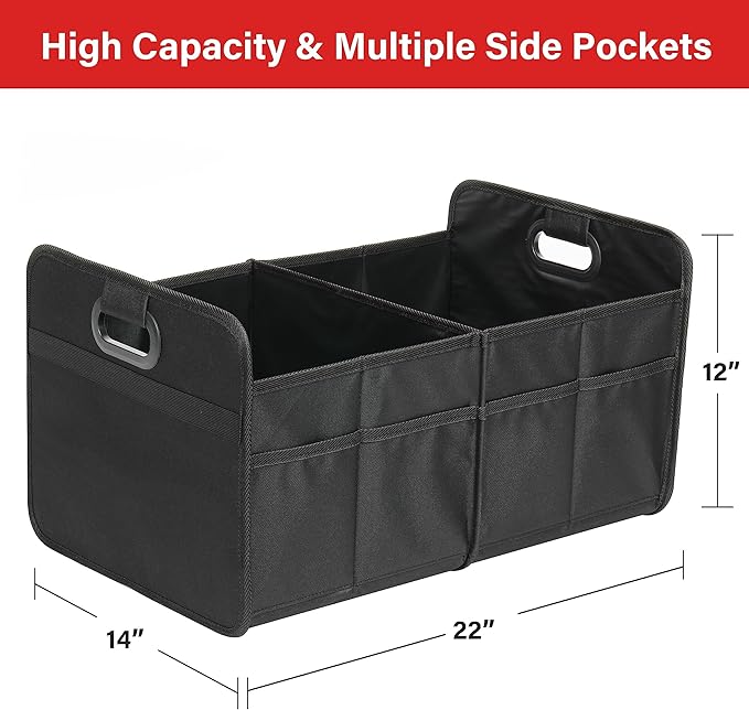 Simple Deluxe Trunk Organizer for Car, Foldable 2 Compartment 50L Car Storage, Waterproof Anti-Slip & Leak-Proof for Travel, Black