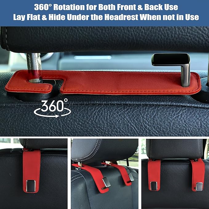 Amooca Car Seat Back Hook Universal Auto Storage Hanger Suede with Metal Car Seat Organizer for Handbag Purse Coat Umbrellas Grocery Bags 2 Pack Red