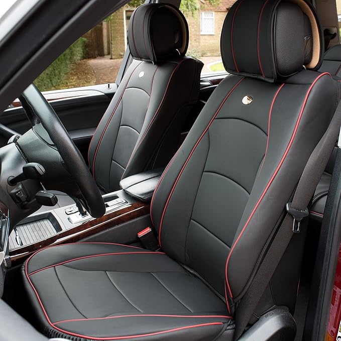 FH Group Front Set Faux Leather Car Seat Cushions - 2 Pack Seat Covers for Cars Trucks, SUV, Waterproof Car Seat Cover, Universal Fit, Black Red Trim