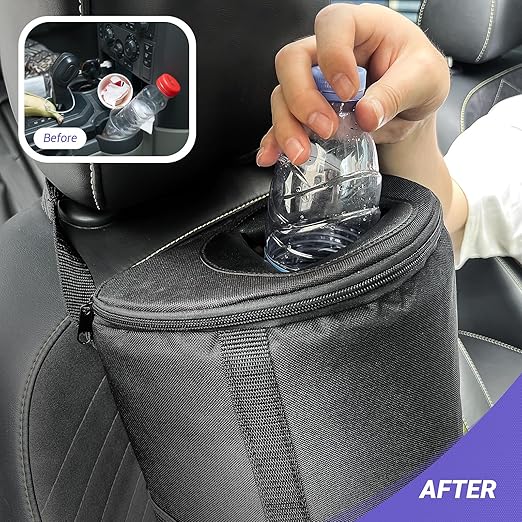 INFIVITA Car Trash Can – Premium Adjustable Strap & Bottom Hook Design with Convenient Top Opening and Bag Storage Pocket