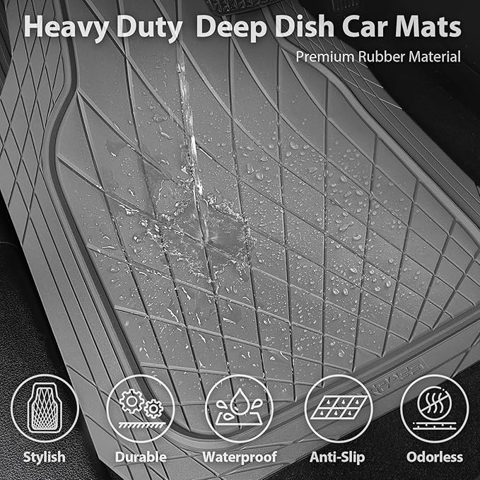 CAR PASS Heavy Duty Rubber Car Floor Mats, Deep Dish All Weather Car Mats Full Set, 3 Piece Waterproof Premium Anti-Slip Floor Mats Rugs Universal Trim to Fit for 95% Sedan SUV Van Truck, All Gray