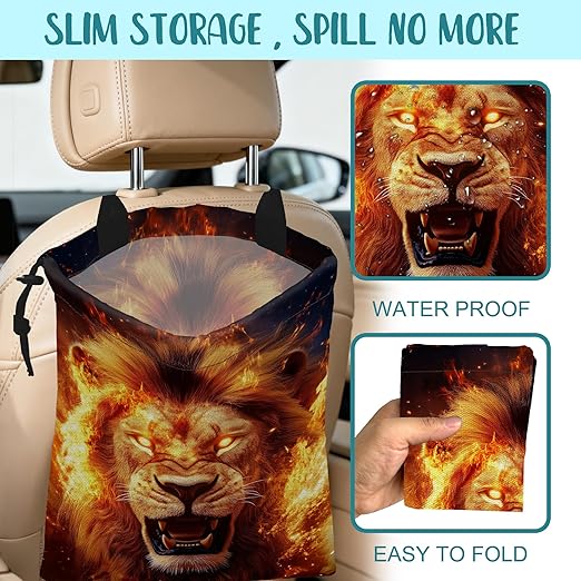 KXWQTRDD Car Garbage Bag Firce Lion Burning Flame Hanging Canvas Car Trash Bag Drawstring Car Back Seat Organizer for Car Back Front Seat Console with Adjustable Buckle