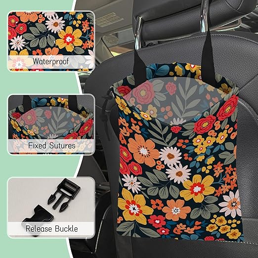 NHNXHWIA Colorful Flowers Car Trash Bag,Floral Bouquets Hanging Drawstring Car Garbage Bag,Waterproof Canvas Car Back Seat Organizer with Adjustable Buckle,for Vehicles,SUVs,Camping,Road Trips
