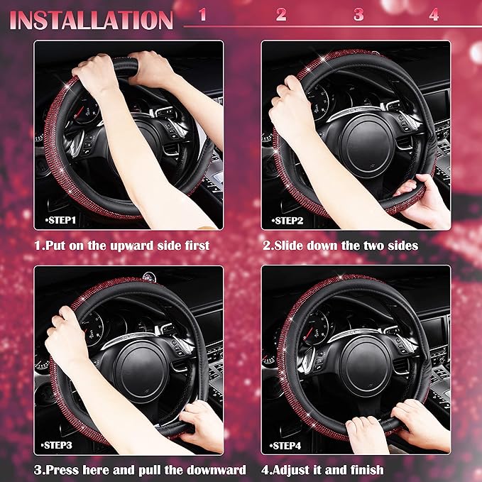 CAR PASS Red Diamond Black Leather Steering Wheel Cover, with Bling Crystal Rhinestones Universal Fit 14" 1/2-15" Crystal Glitter for Women Sparkle Girl Fit Suvs,Vans,Sedans,Cars,Trucks, Red Diamond