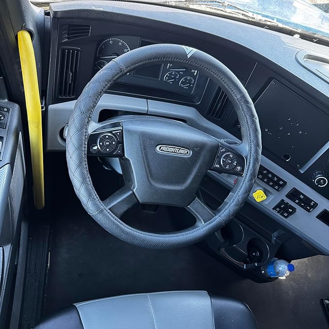 Genuine Leather Steering Wheel Cover for Semi Truck – 18" X-Large, Diamond Stitching, Anti-Slip Grip, Fits 18 Inch Wheels for Big Rig, RV & 18 Wheeler Trucks (Black/Black)