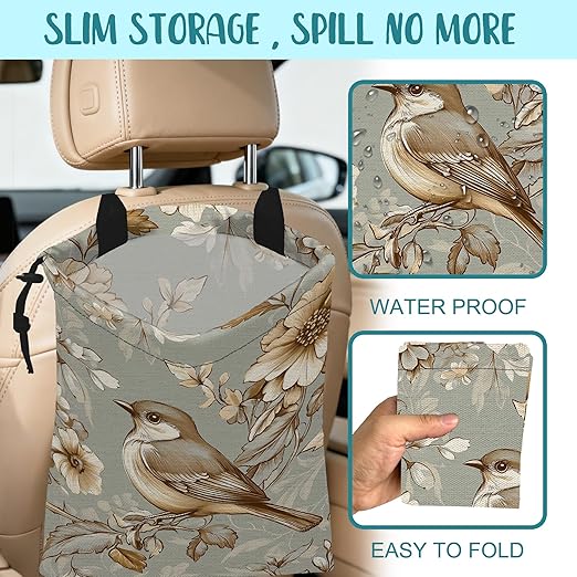 KXWQTRDD Car Garbage Bag Vintage Bird and Floral Hanging Canvas Car Trash Bag Drawstring Car Back Seat Organizer for Car Back Front Seat Console with Adjustable Buckle
