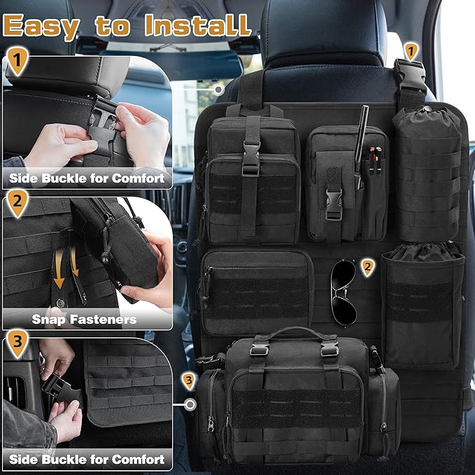 6 Pack Tactical Car Seat Back Organizer, Universal Vehicle Panel Storage Bag with 6 Detachable Molle Pouch Fits for Truck, Pickup, SUV, Bag Only