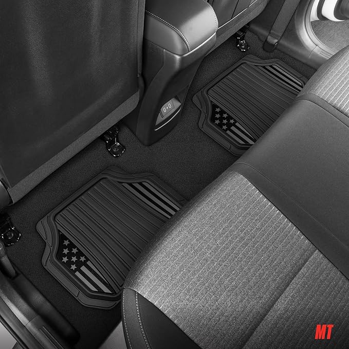 MotorTrend Black Flag Rubber Floor Mats – All Weather Car Mats with American Flag Stars & Stripes Design, Heavy-Duty Automotive Floor Mats for Cars, SUVs & Trucks Black/Grey