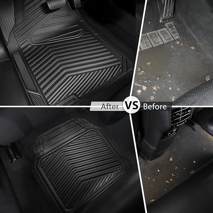 CAR PASS Rubber Car Mats, Waterproof Car Floor Mats All Weather,Car Mat Full Set 4 Pieces, Automotive Floor Mat Trim to Fit for Cars Sedans SUVs Trucks, Anti-Slip Easy Clean, All Black