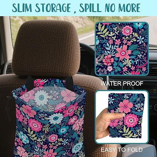 KXWQTRDD Car Garbage Bag Abstract Blue Pink Flowers Hanging Canvas Car Trash Bag Waterproof Drawstring Car Back Seat Organizer for Car Back Front Seat Console with Adjustable Buckle