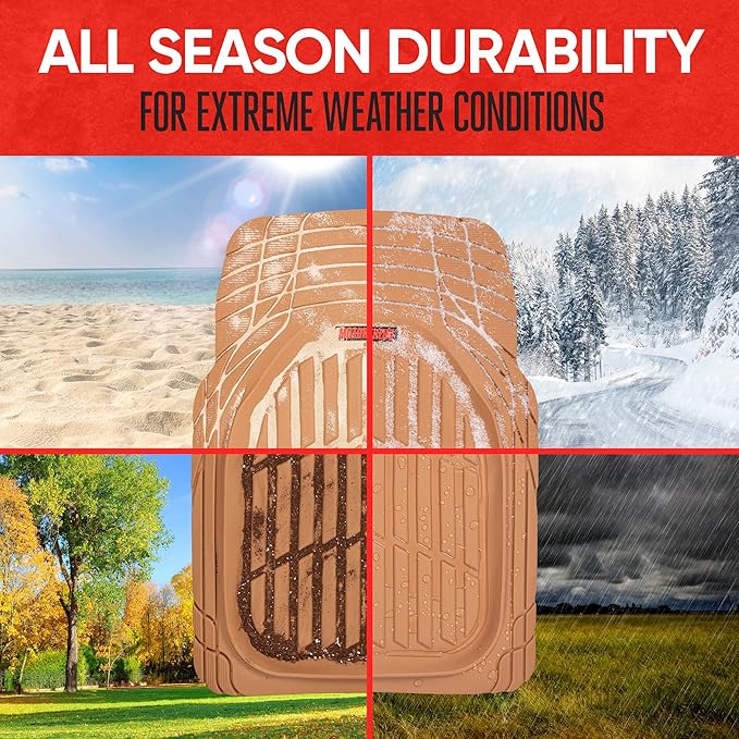Motor Trend - MT-921-BG Flextough Tortoise - Heavy Duty Rubber Floor Mats for Car SUV Van & Truck - All Weather Protection - Deep Dish (Tan Beige)