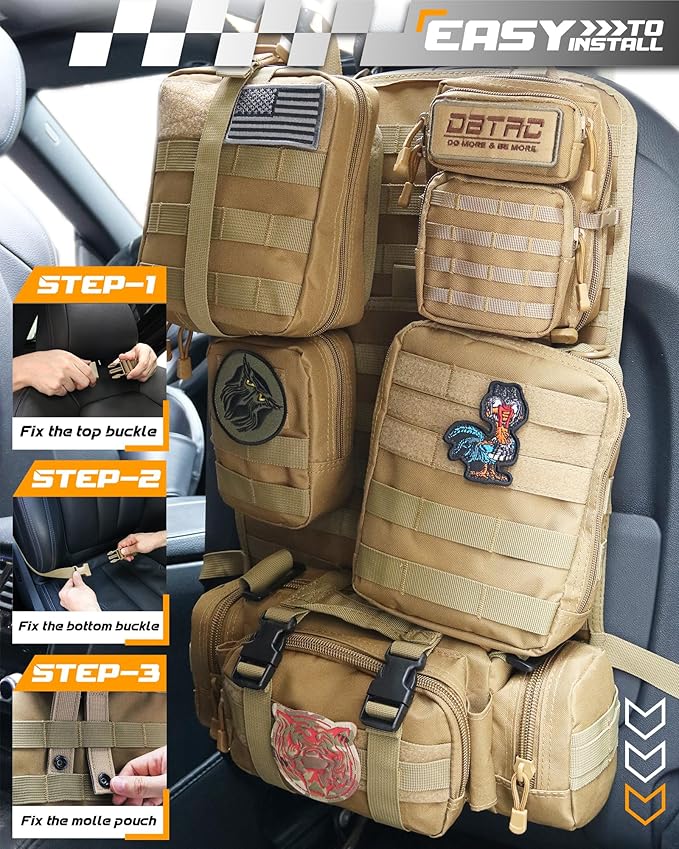 DBTAC Tactical Molle Car Seat Organizer | Vehicle Back Panel with 5X Detachable Pouches, US Flag & Writable Reflective Patch for Cars, Trucks, SUVs, Sedans