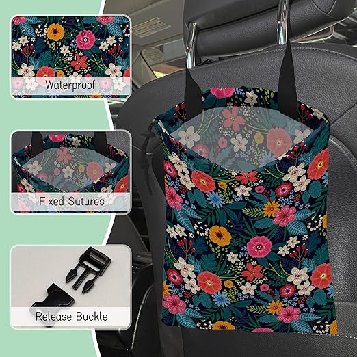 NHNXHWIA Colorful Flowers Car Garbage Bag,Waterproof Small Car Trash Bag Hanging Back of Seat,Drawstring Hanging Car Trash Bag with Adjustable Buckle for Car Accessories