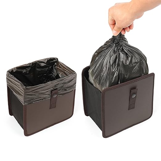 KMMOTORS Jopps Car Trash Can – Compact Foldable Bin with Strap, PU Leather & Oxford, Waterproof, Space-Saving, Simple Modern Design, Mounts on Headrest, Console, Gear Shift (Medium, Brown)