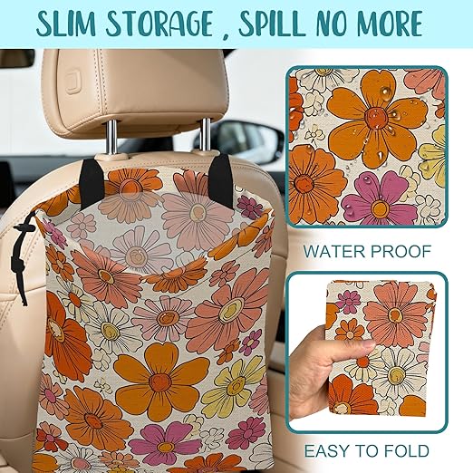 KXWQTRDD Car Trash Bag Hippie Vintage Flowers Leak-Proof Car Garbage Bag with Drawstring Foldable Canvas Trash Bin with Adjustable Buckle for Car Accessories, Travelling, Camping