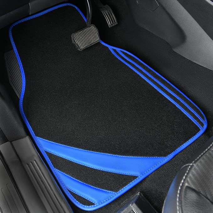 CAR PASS Faux Leather Car Mats Blue Edge Waterproof Car Floor Mats Car Carpet Mats 4 Pieces with Double Stitch Line Anti-Slip Backing Design, Universal Fit for Most Vehicles,SUVs,Sedan,Vans