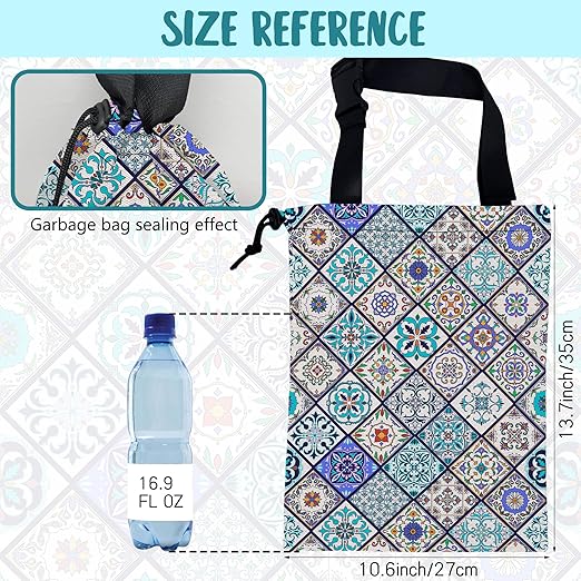 KXWQTRDD Car Garbage Bag Abstract Portuguese Tiles Drawstring Car Trash Bag Hanging for Back Seat with Adjustable Buckle Canvas Vehicle Trash Can Easy-to-Install