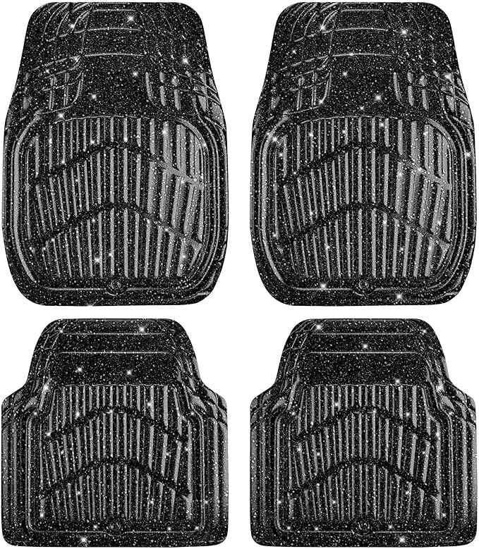 CAR PASS Shining Glitter Car Floor Mats 3D Leather Waterproof All Weather, Universal Trim to Fit & Anti-Slip, Safety & Light Easy Clean Install Fit for SUV,Truck,Auto,Sedan,Van 4 Piece (Black Glitter)