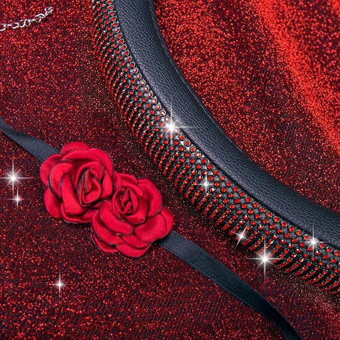 CAR PASS Red Diamond Black Leather Steering Wheel Cover, with Bling Crystal Rhinestones Universal Fit 14" 1/2-15" Crystal Glitter for Women Sparkle Girl Fit Suvs,Vans,Sedans,Cars,Trucks, Red Diamond