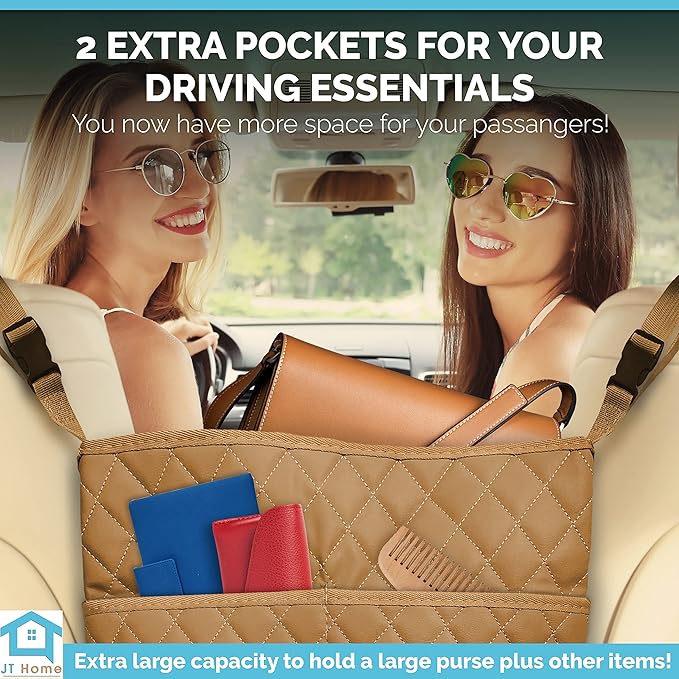 Car Net Pocket Handbag Holder Between Seats, Luxury Quilted PU Leather Purse Car Organizer With 2 Extra Pockets For Storage, Sable Brown