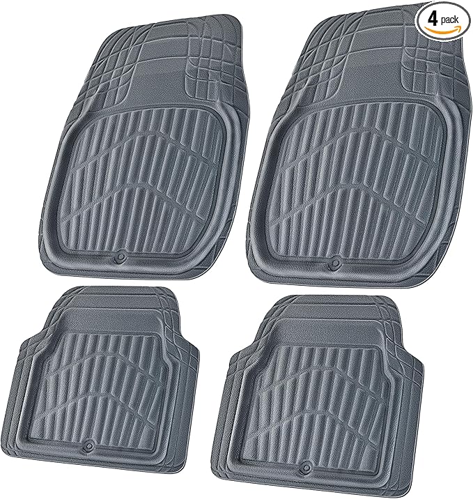 CASS Pass 4 Piece Leather Car Floor Mats -3D Waterproof All Weather, Universal Trim to Fit & Anti-Slip Burr Bottom Safety & Light Easy Clean Install for SUV Truck Auto Sedan Van (Gray)