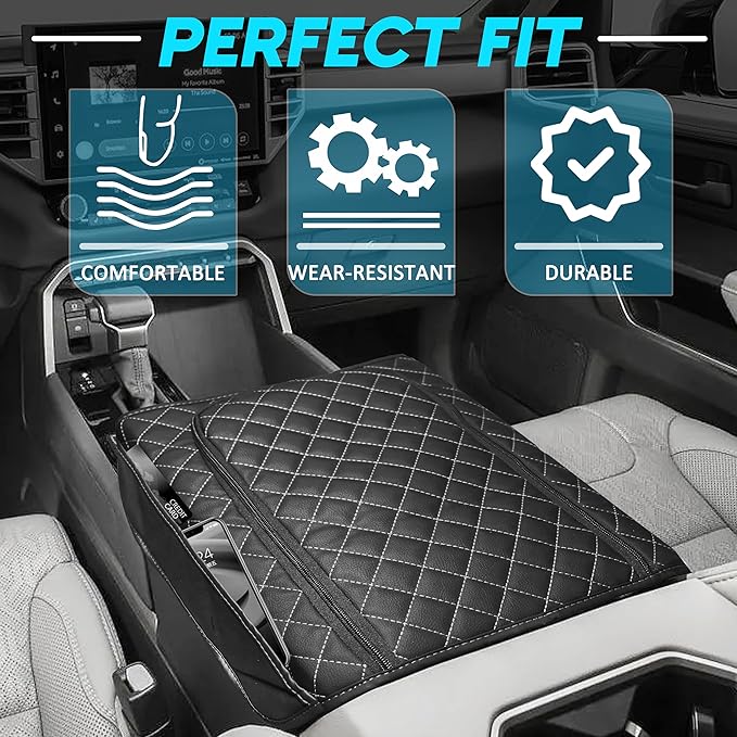 SENSHINE Center Console Armrest Cover for Toyota Tundra 2022-2026/Sequoia 2023-2026 Armrest Seat Stroage Box Cushion Lid Protector Pad with Zipper Leather Interior Accessories, Gray Stitch