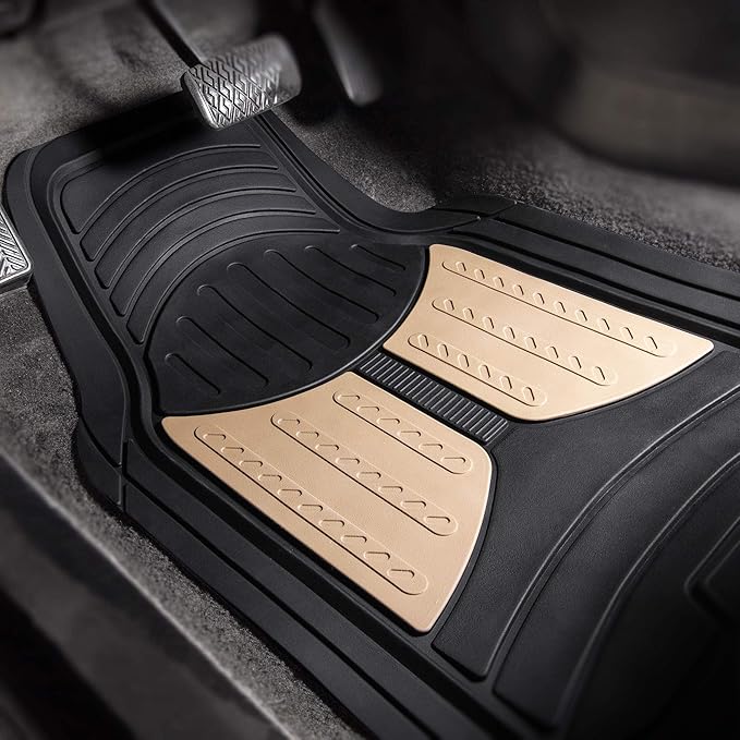 FH Group Monster Eye Full Set Rubber Floor Mats w. Trimmable Vinyl Trunk Liner/Cargo Mat Black- Fit Most Car, Truck, SUV, or Van (Beige/Black) F11313- F16403