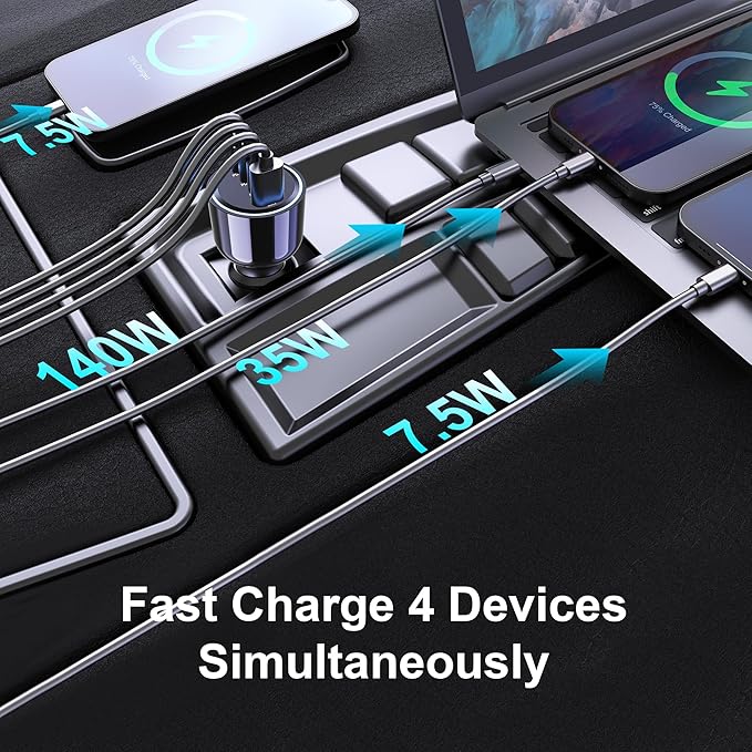 URVNS 240W 4-Ports USB C Car Charger Bundle with a 380W 7-Ports USB C Charging Station with LED Display