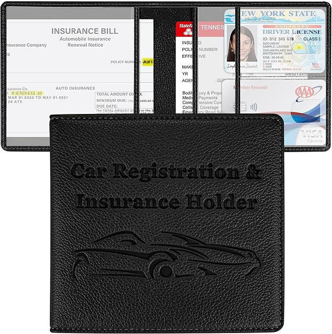 New Fashion Kingdom Car Registration and Insurance Holder, Premium PU Leather Vehicle Glove Box Car Organizer Men Women Wallet Accessories Case for ID, Driver's License - Black