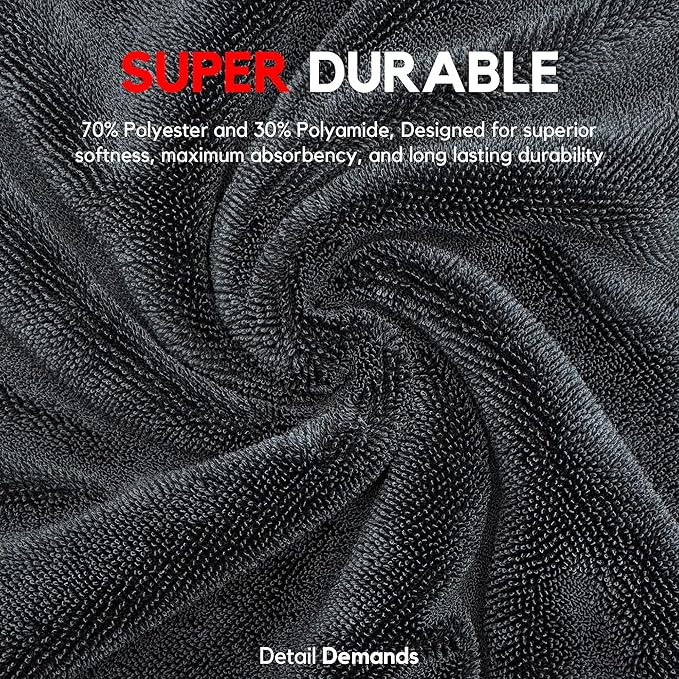 Detail Demands Extra Large Car Drying Towel - 1400 GSM Edgeless Twisted Loop Design - 70/30 Blend Microfiber Towels for Cars, Trucks, SUVs - Superior Absorption, Streak-Free - 24" x 36", Black