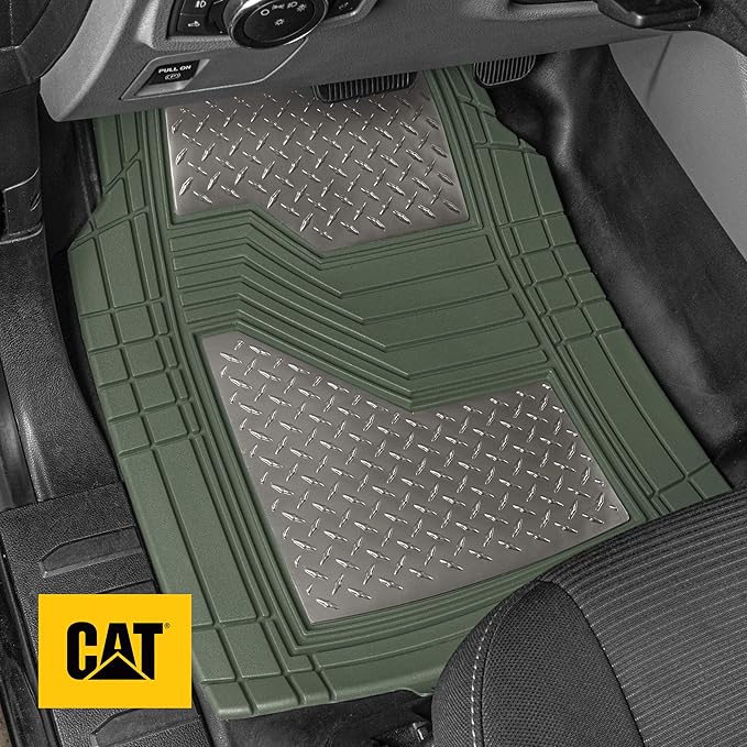 Cat® DiamondShield™ Rubber Floor Mats for Cars Trucks SUV, All Weather Protection, Front and Rear Car Mats with Heel Pad & Anti-Slip Backing, Universal Trim-to-Fit Rubber Floor Mats for Car, Green