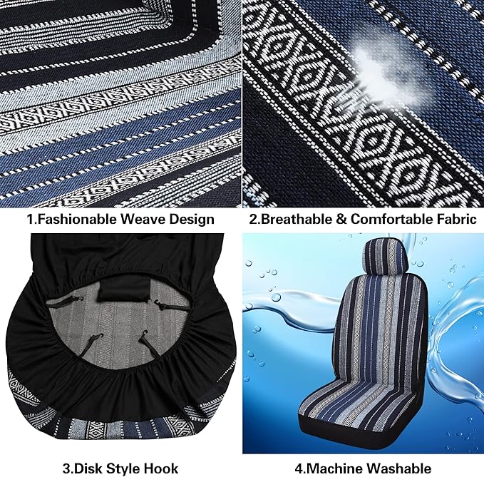 HAIYAOTIMES Baja Saddle Blanket Car Seat Covers Front Set with Seat Belt Pads, Washable Breathable Seat Covers for Cars, Universal Fit Interior Covers for Most Sedan Truck SUV, Airbag Compatible, Blue