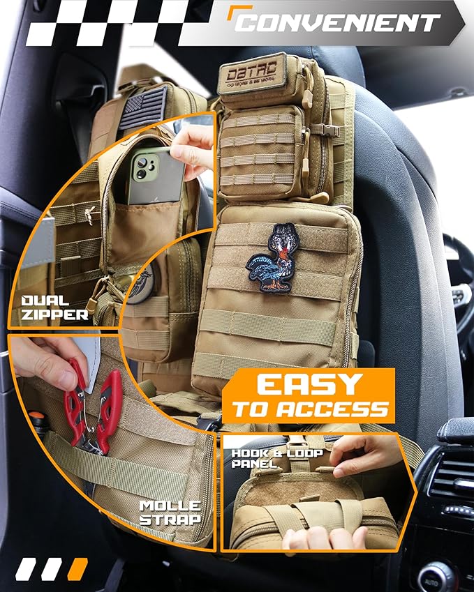 DBTAC Tactical Molle Car Seat Organizer | Vehicle Back Panel with 5X Detachable Pouches, US Flag & Writable Reflective Patch for Cars, Trucks, SUVs, Sedans