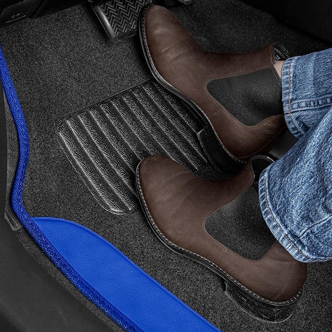 BDK Floor Mats for Cars, Two-Tone Carpet Car Floor Mats with Faux Leather Accents, Automotive Floor Mat Set with Built-In Heel Pad, Stylish Interior Car Accessories (Blue)
