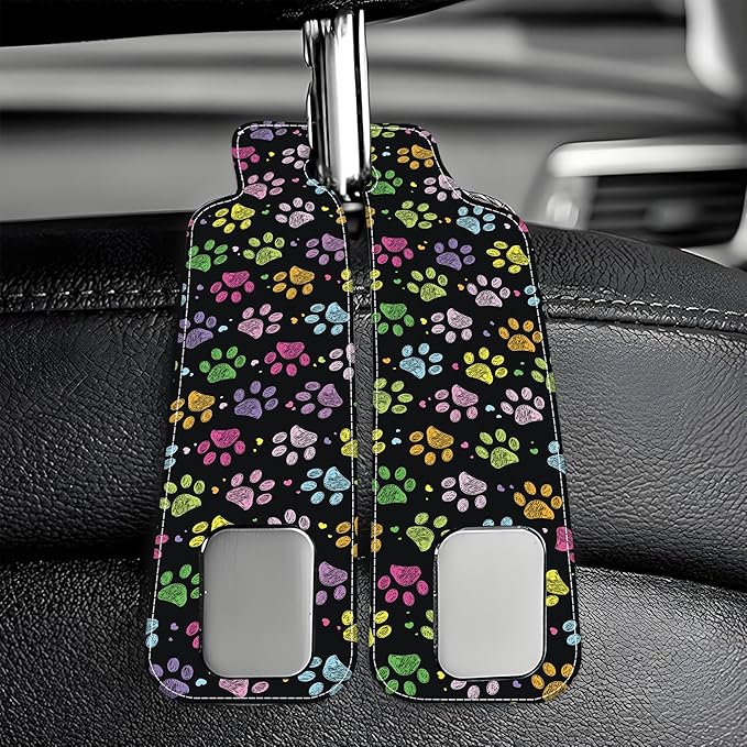 AEWNUNK Car Headrest Purse Hanger Colorful Paw Prints 1 Pack Bag Purse Holder for Car Premium Leather Double Metal Hook for Handbags, Grocery Bags and Phones
