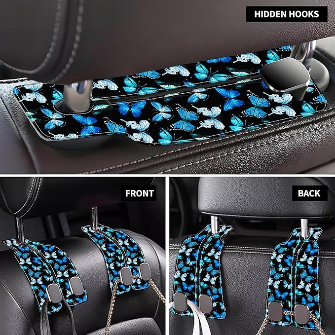 Purse Hook for Car Watercolor Blue Butterflies 1 Pack Headrest Back Seat Hook Premium Leather Double Metal Hanger Storage Pack Bag Purse Holder Car Interior Accessories