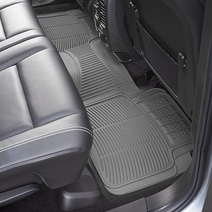 Amazon Basics Universal PVC Faux Rubber Car Floor Mats, Anti-Slip, All Weather Protection, Waterproof Flexible Trim to Fit for 95% Automotive SUV Sedans Trucks, Charcoal Pure Grey, Pack of 3