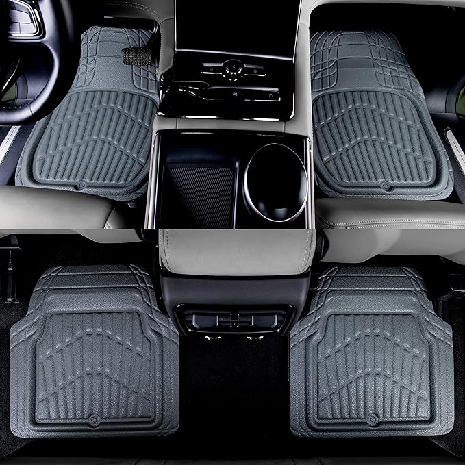 CASS Pass 4 Piece Leather Car Floor Mats -3D Waterproof All Weather, Universal Trim to Fit & Anti-Slip Burr Bottom Safety & Light Easy Clean Install for SUV Truck Auto Sedan Van (Gray)
