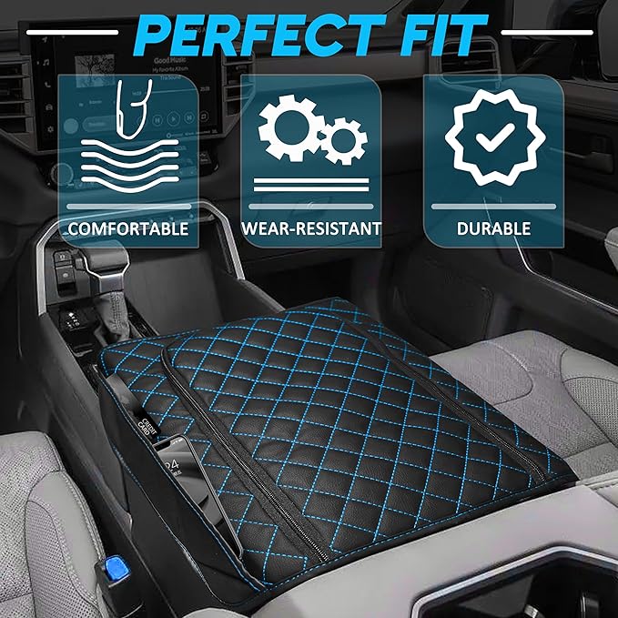 SENSHINE Center Console Armrest Cover for Toyota Tundra 2022-2026/Sequoia 2023-2026 Armrest Seat Stroage Box Cushion Lid Protector Pad with Zipper Leather Interior Accessories, Blue Stitches