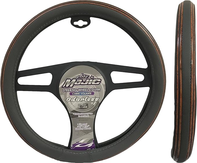 Majic Slip-On Steering Wheel Cover with Double Wood Design, Gray